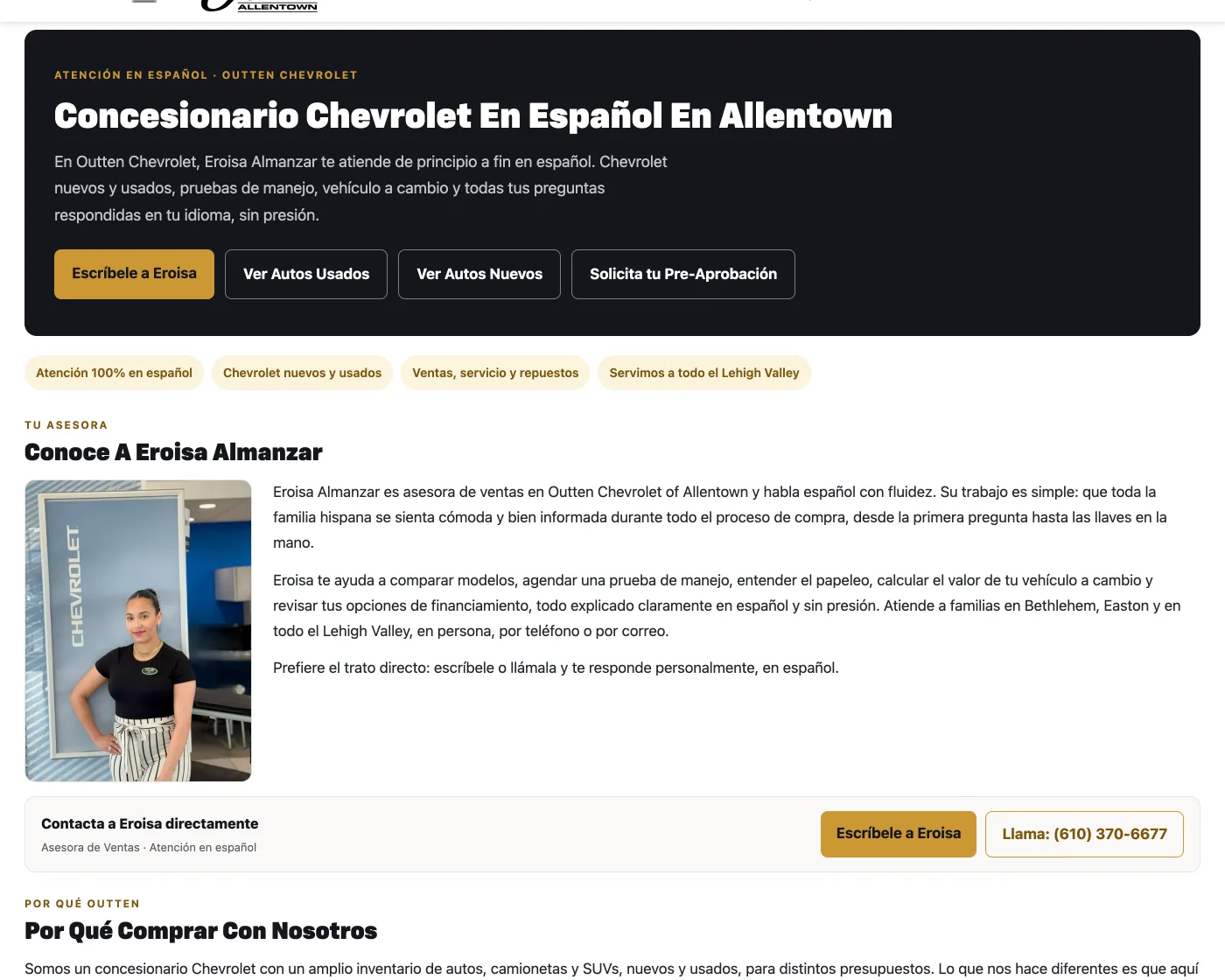 A Spanish dealership page for a Chevrolet store: a Spanish headline, the store's hours and phone in Spanish, and links out to the Spanish model and financing pages.