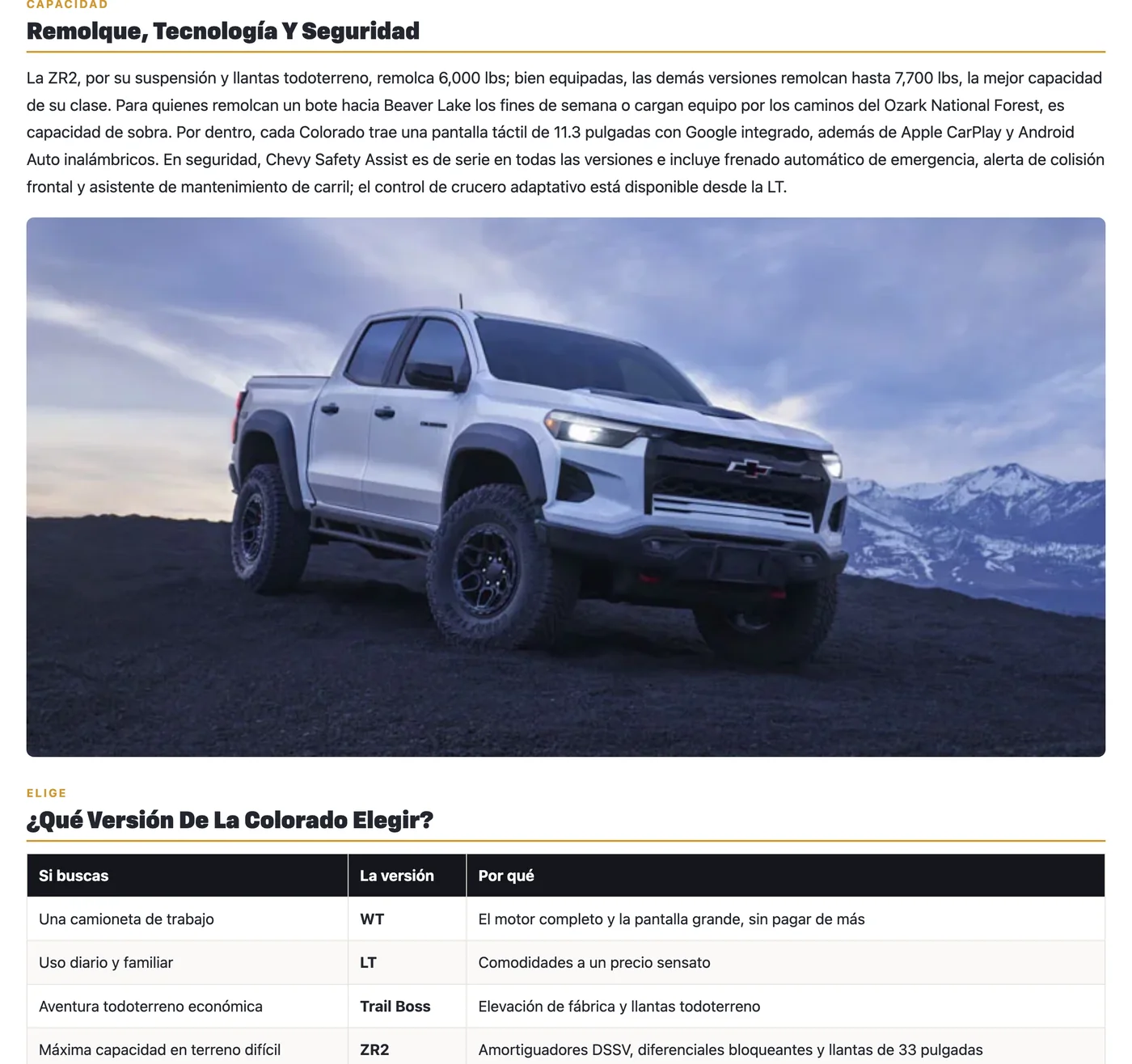 A Spanish Colorado page section covering towing, technology and safety, then a decision table with three columns: what you are looking for, which version, and why.