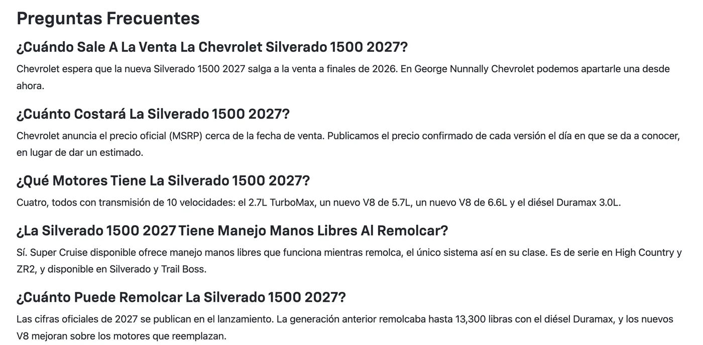 A Spanish frequently-asked-questions block, each question a heading beginning with an inverted question mark and each answer opening with the answer itself.