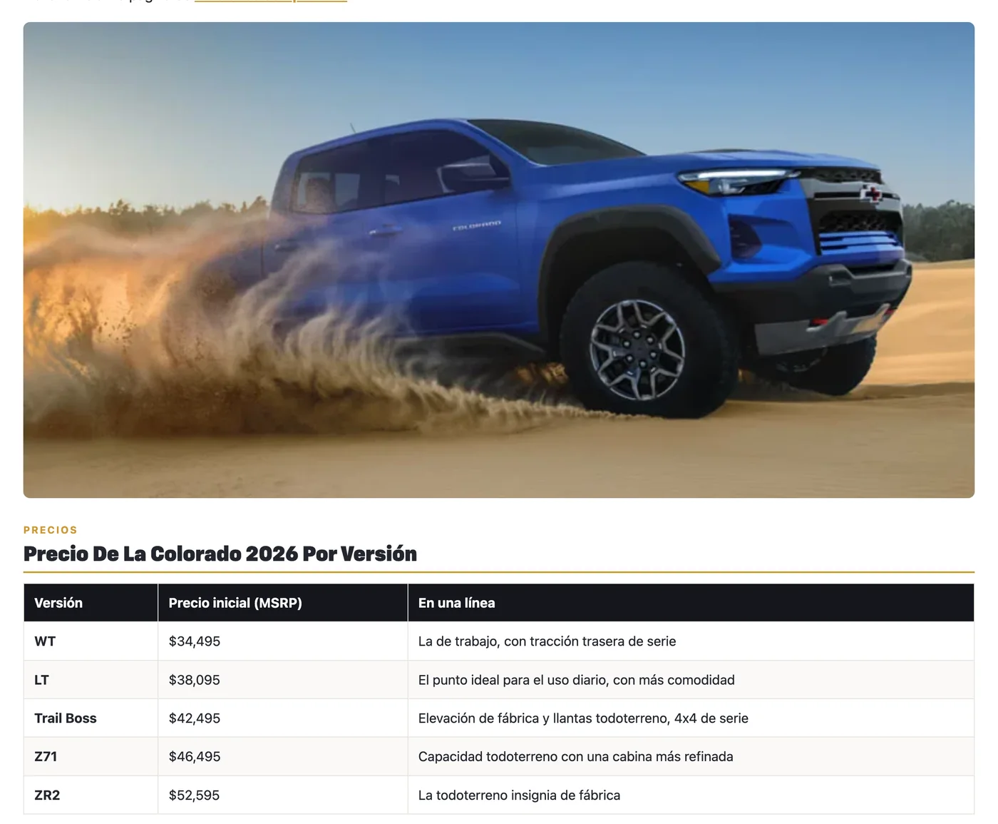 A Spanish Chevrolet Colorado pricing section: a photograph of the truck, then a table of five versions with starting MSRP and a one-line description of each.