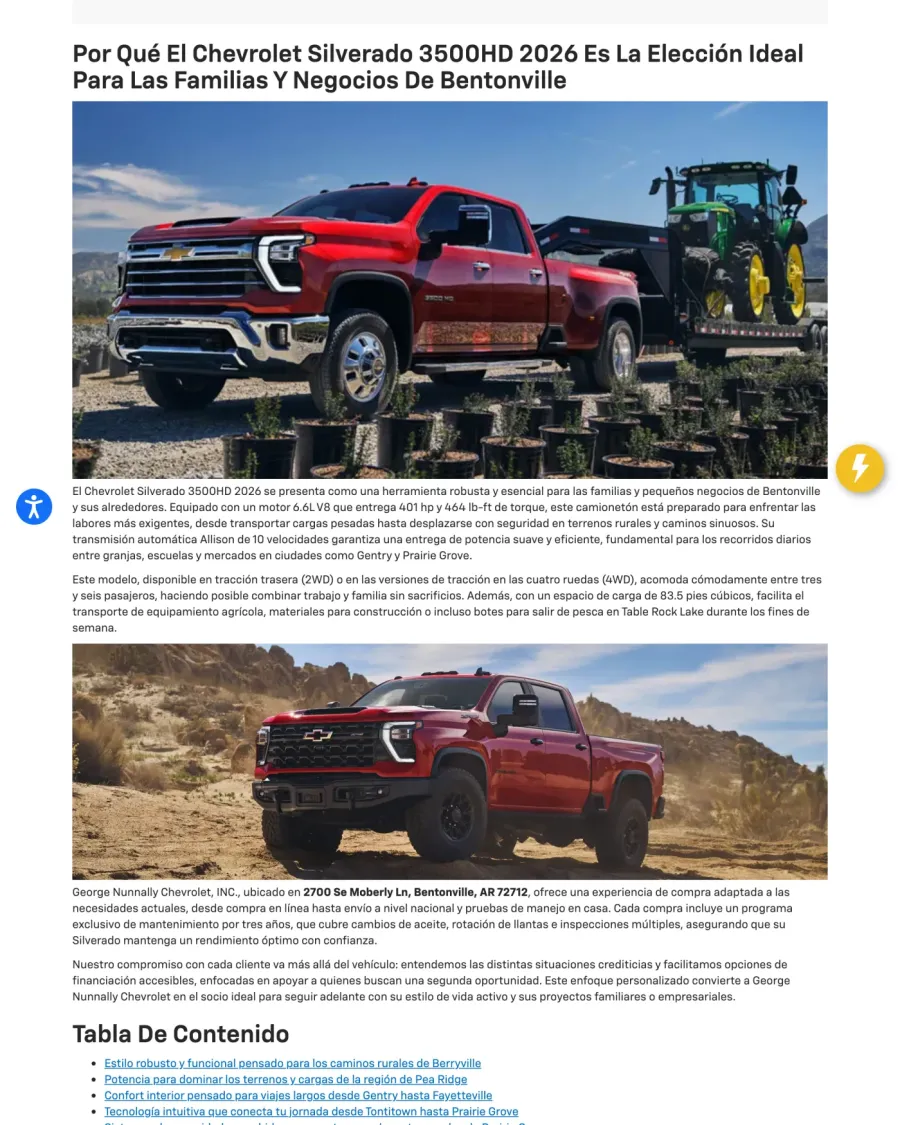 A live Spanish page for the Chevrolet Silverado 3500HD: a Spanish headline about families and businesses in Bentonville, photographs of the truck towing a tractor, and Spanish body copy.