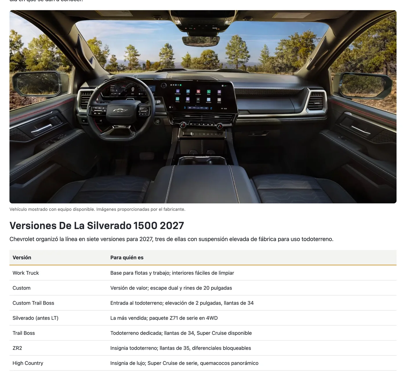 A Spanish Silverado 1500 2027 versions table with an interior photograph above it, listing seven versions and who each one is for.